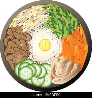 Korean bibimbap dish top view. Cartoon food Stock Vector