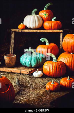 Halloween autumn fall night . group of happy halloween pumpkins Stock Photo