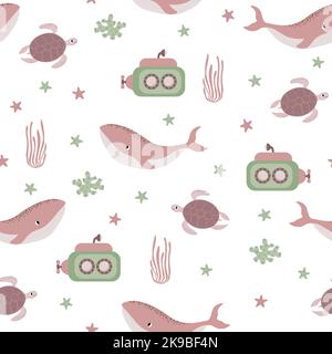 Vector seamless pattern with whale, submarine, turtle, starfish, algae.Underwater cartoon creatures.Marine background.Cute ocean pattern for fabric Stock Vector