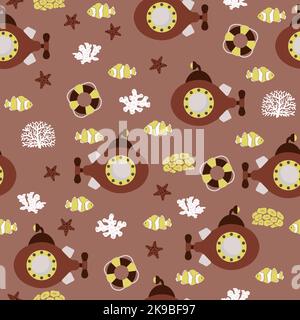 Vector seamless pattern with submarine, lifebuoy, clown fish, seaweed, starfish.Underwater cartoon creatures.Marine background.Cute ocean pattern for Stock Vector