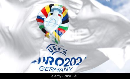 Berlin, Ger, October 2022: The flag of UEFA Euro 2024 flying in the wind. The 17th edition will take place from 14 June to 14 July 2024 in Germany. Se Stock Photo