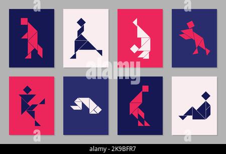 Colorful posters with eight tangram vector people. Stock Vector