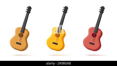 Guitar 3d icon set isolated on white background. Classic guitar wooden in three colors Stock Vector