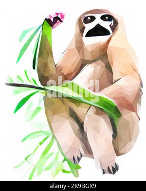 Watercolour monkey with leaves on white background. Vector in low poly art. Stock Vector