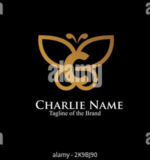letter C inside butterfly. initial text luxury logo.  outline butterfly logo vector illustration. Stock Vector