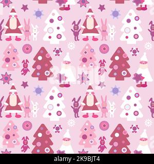 New Year seamless pattern in red colours. Christmas tree, Santa Claus, rabbit and stars. Stock Vector