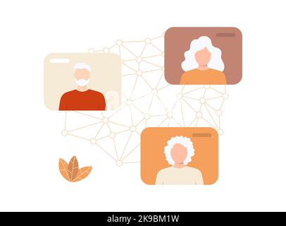Happy elderly people having a video conversation. Men and women using mobile phone apps for chatting, calling online, playing games, watching videos Stock Vector