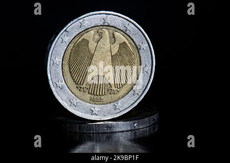 Two euro coin of Germany with the eagle symbol, minted annually since 2002. Stock Photo