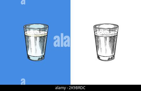 Soy milk in a glass.. Detailed vegetarian food and leaves drawing. Hand drawn sketch illustration for menu, label, icon or poster. Stock Vector