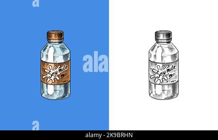 Soy milk sketch in a glass bottle. Detailed vegetarian food and leaves drawing. Hand drawn illustration for menu, label, icon or poster. Stock Vector