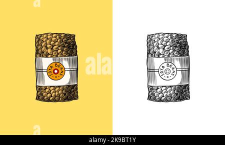 Soy milk in the package. Detailed vegetarian food sketch. Hand drawn illustration for menu, label, icon or poster. Stock Vector