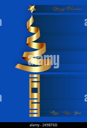 Merry Christmas tree and 2023 new year greeting card with stylized bright gold ribbon Christmas tree and star, copy space. Vector illustration isolate Stock Vector