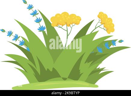 Green grass patch with blooming flowers. Meadow cartoon plants isolated on white background Stock Vector