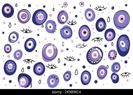 Eyes and drops, doodle background, hand drawn set of cute doodles for decoration Stock Vector
