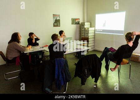 Paris, France, Meeting of Act UP Paris, man Speaker Giving Presentatioin on Effectiveness of TASP, Treatment as Prevention, 2012 Stock Photo