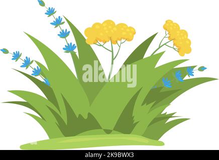 Green grass patch with blooming flowers. Meadow cartoon plants isolated on white background Stock Vector