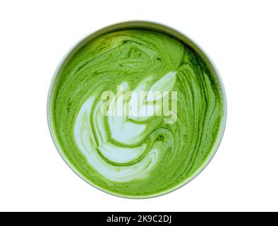 Top View of Hot Matcha Green Tea Latte Isolated on White Background Stock Photo