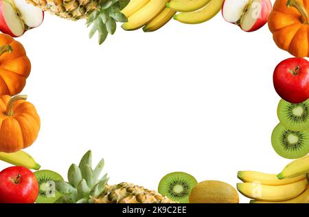 Frame of Colorful Assorted Fresh Ripe Fruits on White Background Stock Photo