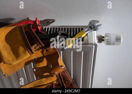 tools on the radiator close up. Stock Photo