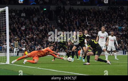 London, UK. 26th Oct, 2022. Goalkeeper Antonio Adan of Sporting Lisbon saves from Harry Kane of Tottenham Hotspur. UEFA Champions league, group D match, Tottenham Hotspur v Sporting Lisbon at the Tottenham Hotspur Stadium in London on Wednesday 26th October 2022. this image may only be used for Editorial purposes. Editorial use only, license required for commercial use. No use in betting, games or a single club/league/player publications. pic by Sandra Mailer/Andrew Orchard sports photography/Alamy Live news Credit: Andrew Orchard sports photography/Alamy Live News Stock Photo