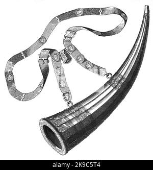 Olifans Instruments Middle Ages. Oliphant, or hunting horn. Engraving, 19th century Stock ...