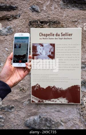 Woman using smartphone to translate instantly from french to english, smart technology Stock Photo