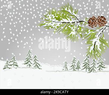 Winter landscape Conifer Branch Pine  with pine cones with snow christmas theme natural background vintage vector illustration editable hand draw Stock Vector