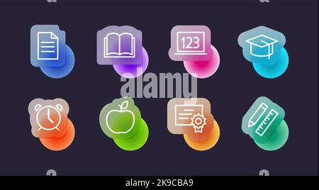 Education icons set in glassmorphic style. Transparent blur glass effect icons. Vector illustration Stock Vector