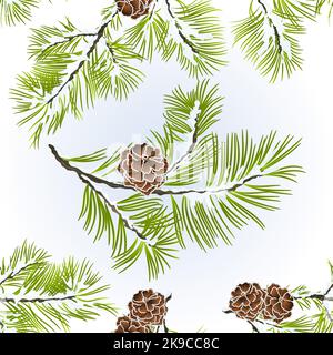 Seamless texture conifer Branches Pine  with pine cones  winter snowy natural background vector illustration editable hand draw Stock Vector
