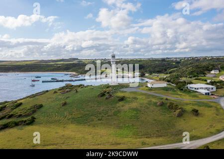Drone aerial photograph of the Currie Harbour Lighthouse in Currie on King Island in Tasmania in Australia Stock Photo