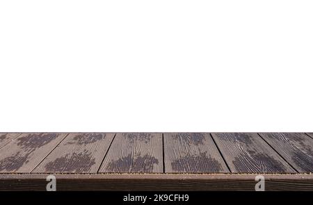 Wooden striped table top with sand on white background Stock Photo