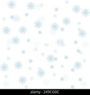 Blue snowflakes of different sizes and transparency on a white background. Vector illustration, patern. Winter concept. Stock Vector