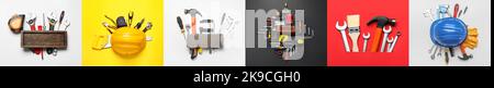 Collage with different construction tools on color background, top view Stock Photo