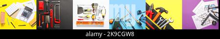 Collage with different construction tools on color background, top view Stock Photo