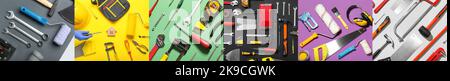 Collage with many different construction tools on color background, top view Stock Photo