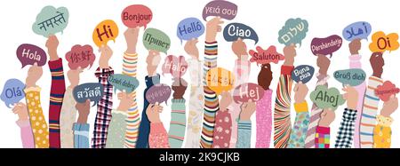 Many hands raised of diverse and multicultural children and teens holding speech bubbles with text -hallo- in various international languages.Friends Stock Vector