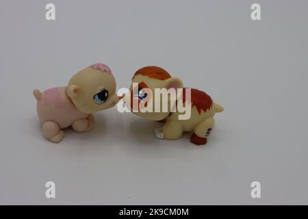 Tiny, cute plastic kissing guinea piganimal figure on a white background. Collectible isolated littlest pet shop figure with big head and big eyes. Stock Photo