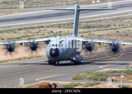 A Spanish Air Force Airbus A400M-180 Atlas taxiing at Gando Air Base during the SIRIO 22 Exercise. Stock Photo