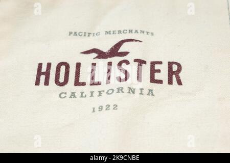 BERLIN - OCT  27: Hollister logotype with Seagull as a label on jacket in Berlin, October 27. 2022 in Germany Stock Photo