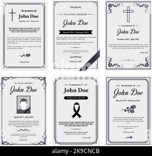 Condolence obituary card layout. In loving memory of, funerals invitation cover with black ribbon corner and grief sheet vector set Stock Vector