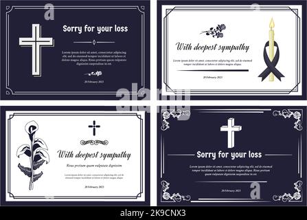 Funeral card layout. Condolence banner with deepest sympathy and sorry for your loss. Frame borders decorative template vector set Stock Vector