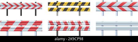 Guard rails. Highway roadside barrier, striped caution guardrail and road safety metal fence vector set Stock Vector