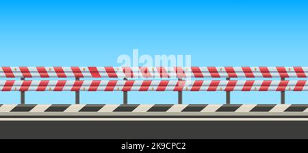 Roadside with guard rail. Highway side with safety roadguard fence, striped crash barrier and traffic protection vector background illustration Stock Vector