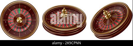 Roulette wheels. Casino entertainment 3d spin wheel, gambling equipment and fortune game vector Illustration set Stock Vector
