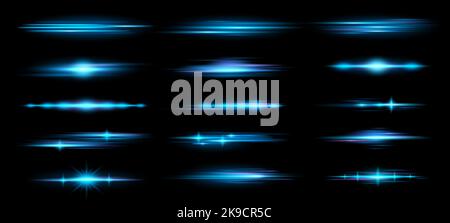 Horizontal lens flares. Blue horizontal light rays, luminous lines glow effect and anamorphic flare overlay vector set Stock Vector