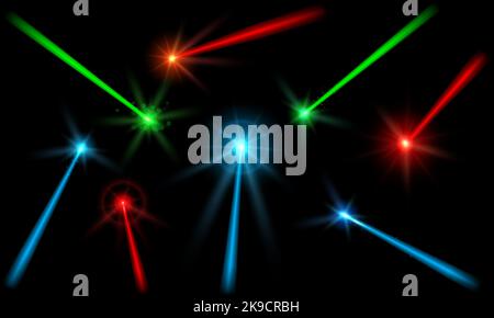 Laser beams. Ray of neon lights, concert light trails with lens flares and halo glow effect. Energy line beam overlays vector set Stock Vector