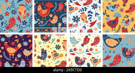 Folk birds patterns. Ethnic flowers ornament, colorful folklore bird and floral branch seamless vector background set Stock Vector