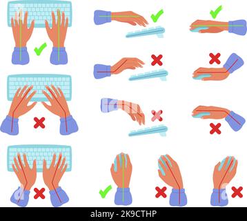 Keyboard and mouse hands posture. Correct and incorrect hand position for text typyng, wrist and arm positions for computer users vector illustration Stock Vector