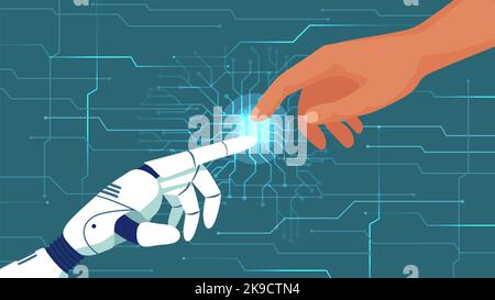Creation of artificial intelligence. Humans and robots cooperation, AI give hand. Bionic arm with touch gesture vector illustration Stock Vector