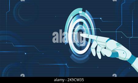 Artificial intelligence touching digital interface. Bionic hand pointing gesture to futuristic tech ui. Cyborg or AI Stock Vector